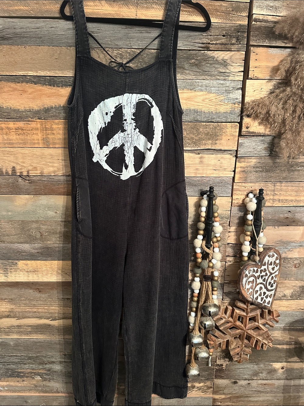 Black Overalls Jumpsuit with White Peace Sign gauze upcycle free people inspired